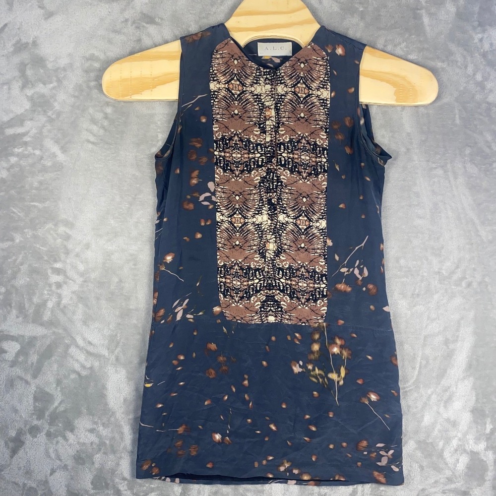 A.L.C. Silk Sleeveless Blouse Womens 8 Navy Blue Floral Mixed Print‎ Top 5029CD